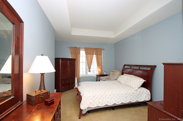 carpeted bedroom with a tray ceiling