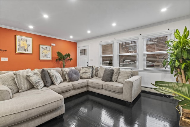 living room featuring hardwood / wood-style floors and crown molding