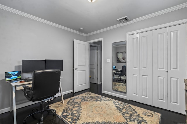 home office with ornamental molding