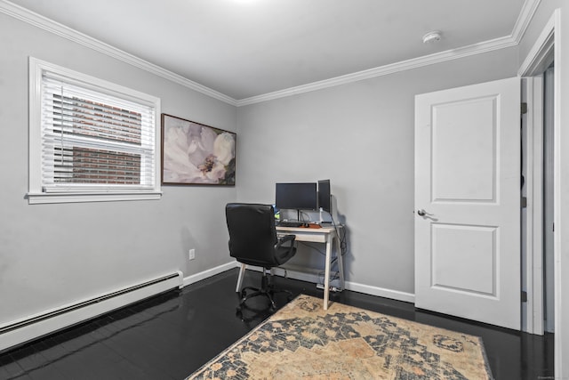 home office featuring dark hardwood / wood-style flooring, a baseboard radiator, and ornamental molding