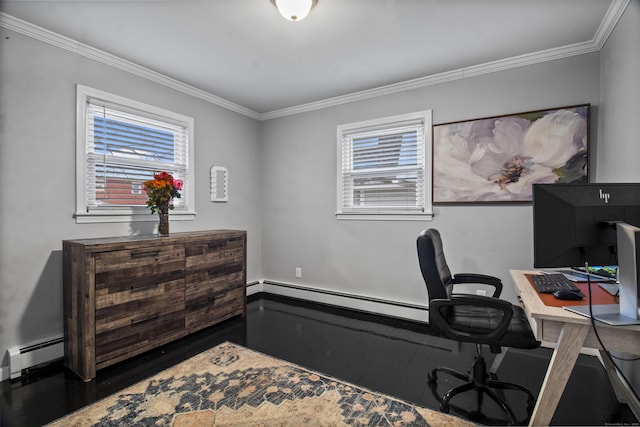 office featuring baseboard heating, a wealth of natural light, and crown molding