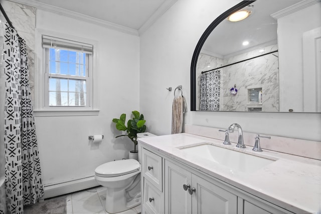 bathroom with baseboard heating, toilet, vanity, and ornamental molding