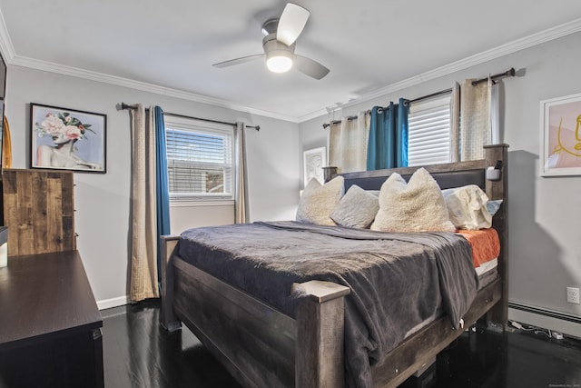 bedroom featuring ceiling fan, dark hardwood / wood-style flooring, baseboard heating, and crown molding