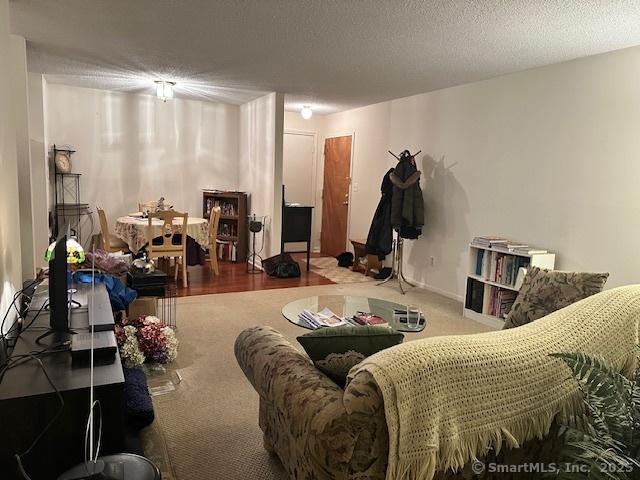 living room with carpet flooring and a textured ceiling