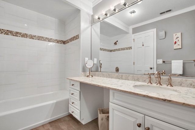 full bathroom featuring tile patterned floors, visible vents, ornamental molding, shower / bathing tub combination, and vanity