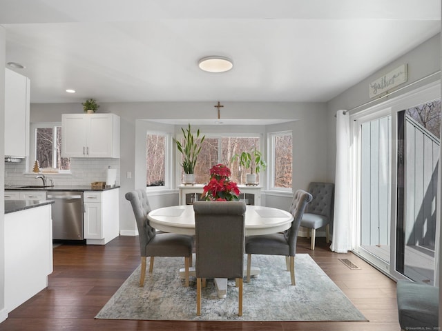 dining room with sink and dark wood-type flooring