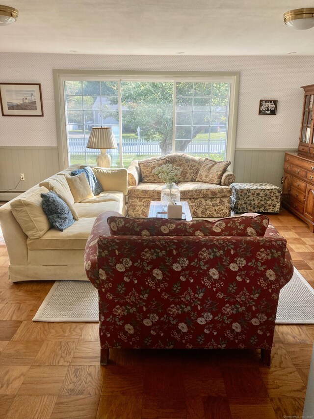 living room with light parquet flooring