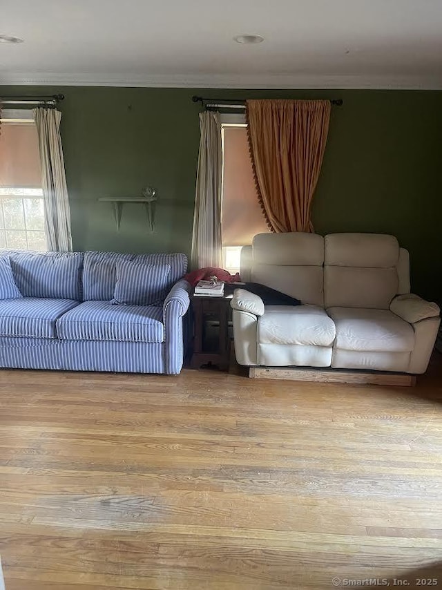 living room featuring light wood-type flooring and crown molding