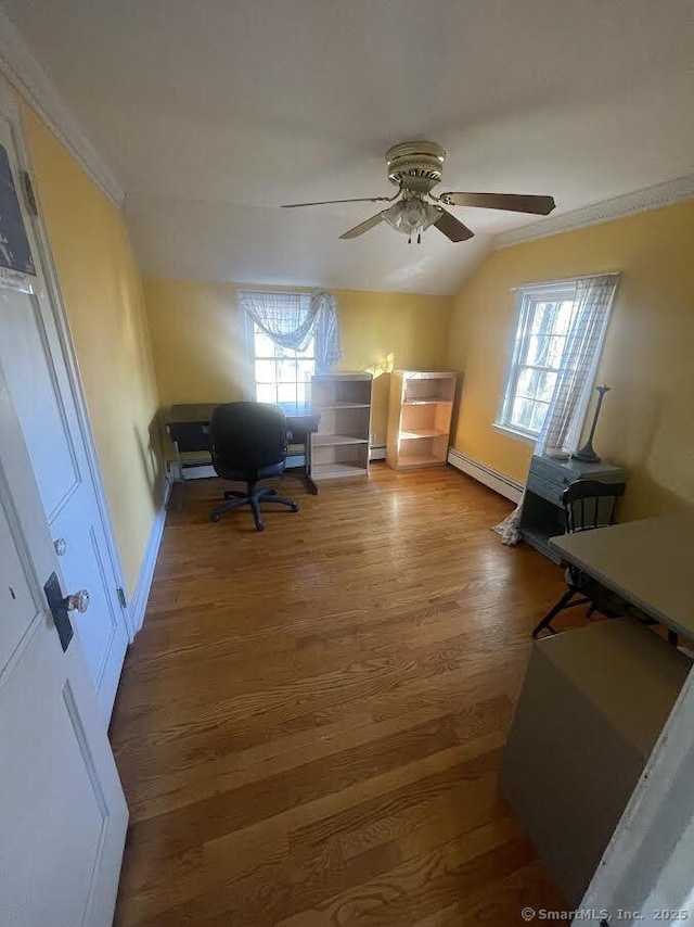 191 Anson St, Stratford, CT 06614 - office area with lofted ceiling, hardwood / wood-style floors, ceiling fan, ornamental molding, and baseboard heating