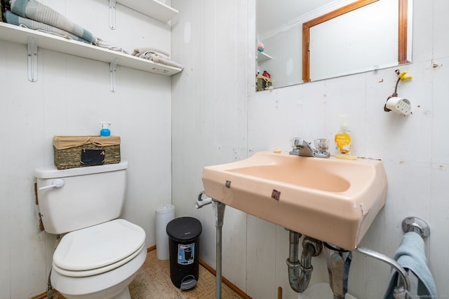 bathroom with toilet and wooden walls