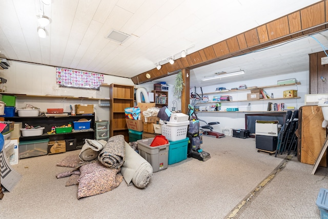 basement featuring rail lighting and carpet floors