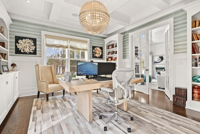 home office featuring wallpapered walls, coffered ceiling, wood finished floors, and beamed ceiling