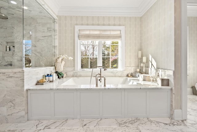 bathroom featuring marble finish floor, ornamental molding, a marble finish shower, a bathtub, and wallpapered walls