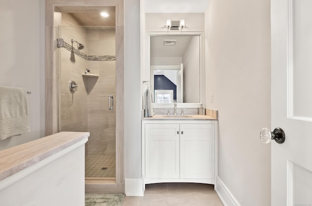 bathroom featuring visible vents, a shower stall, vanity, and baseboards