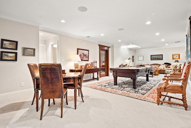 game room with recessed lighting, ornamental molding, baseboards, and light colored carpet