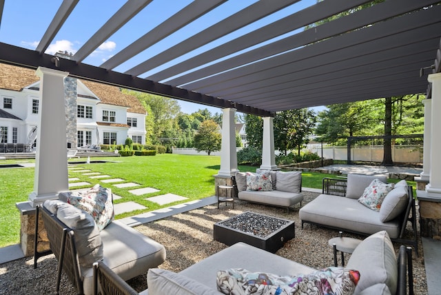 view of patio with an outdoor living space with a fire pit, fence, and a pergola