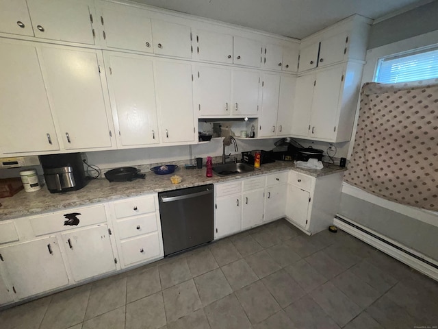 kitchen featuring white cabinetry, dishwasher, light tile patterned floors, and sink