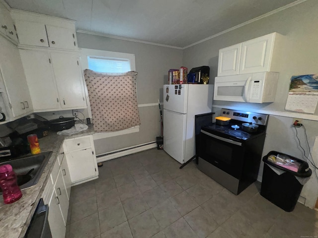 kitchen with white appliances, white cabinetry, crown molding, and sink