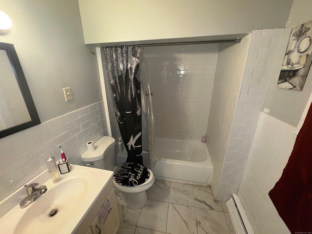 full bathroom with shower / bathtub combination with curtain, toilet, decorative backsplash, vanity, and tile walls