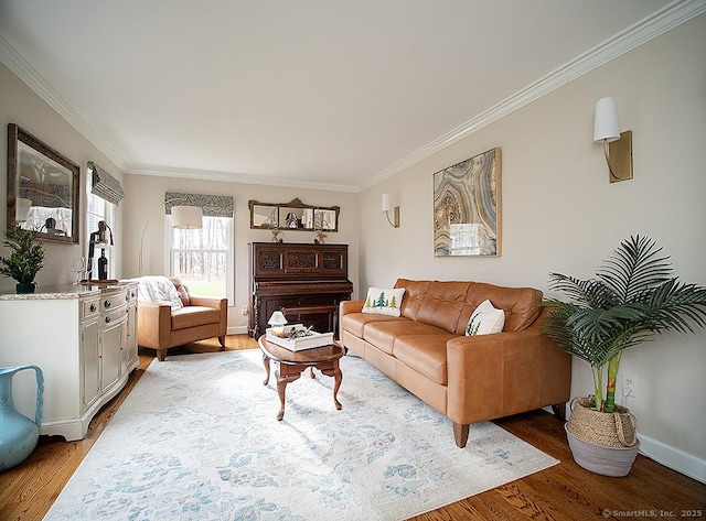 living room featuring light hardwood / wood-style flooring and ornamental molding