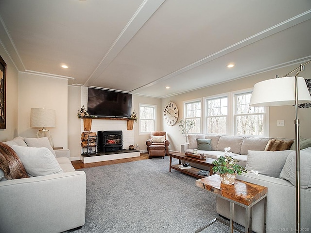 living room with wood-type flooring and ornamental molding