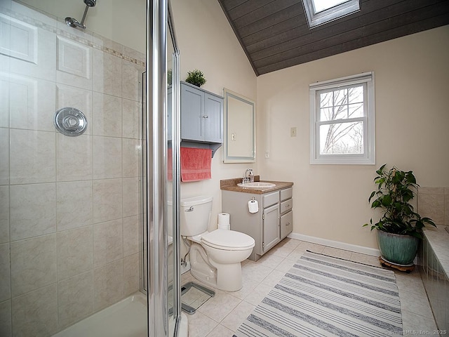 bathroom featuring a shower with shower door, vanity, tile patterned flooring, toilet, and lofted ceiling