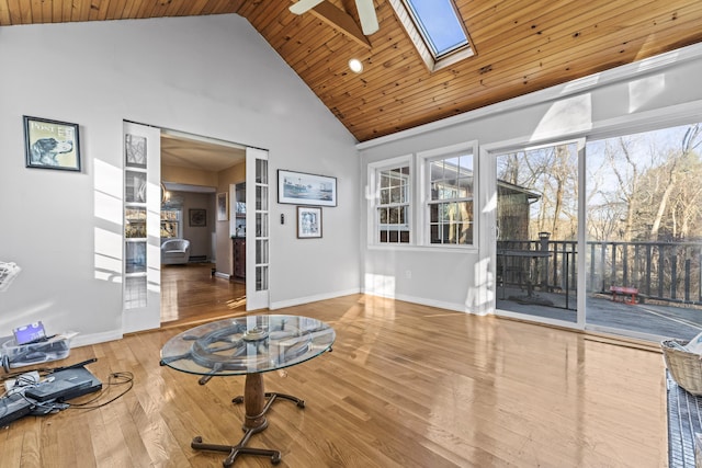 interior space with ceiling fan, wooden ceiling, wood-type flooring, and a skylight