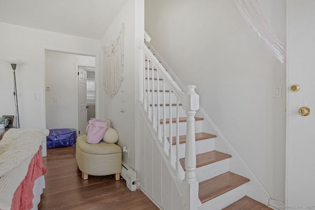 stairway with hardwood / wood-style floors and a baseboard heating unit