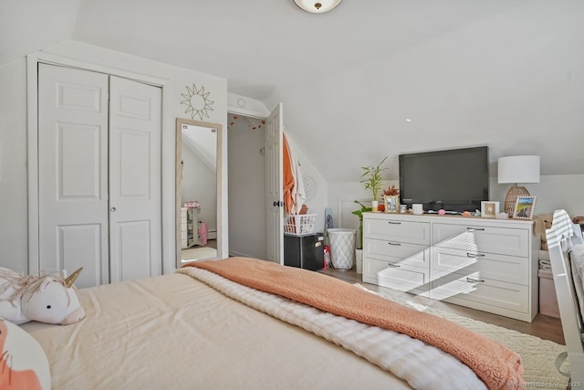 bedroom featuring hardwood / wood-style floors, lofted ceiling, and a closet