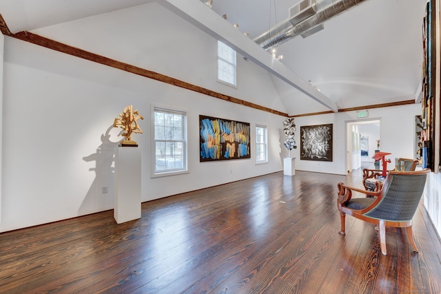 interior space with high vaulted ceiling and dark wood-type flooring