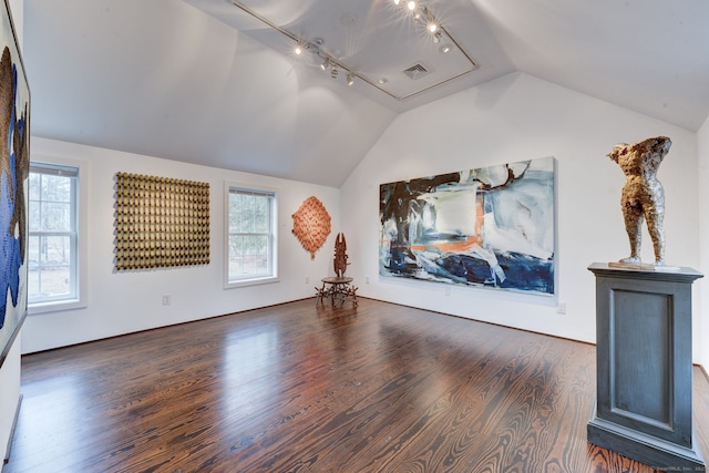 interior space with lofted ceiling and dark wood-type flooring