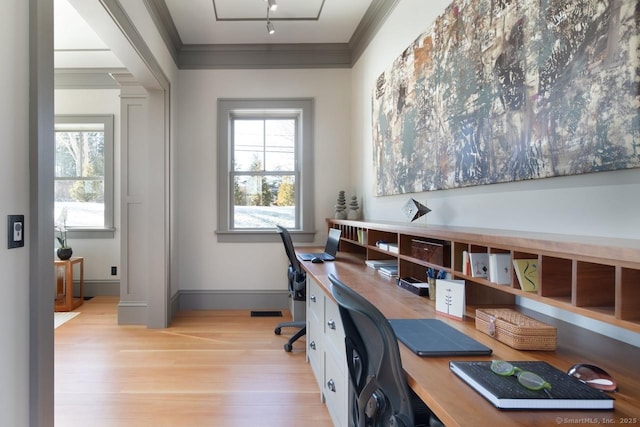 home office with light hardwood / wood-style floors, crown molding, a wealth of natural light, and track lighting