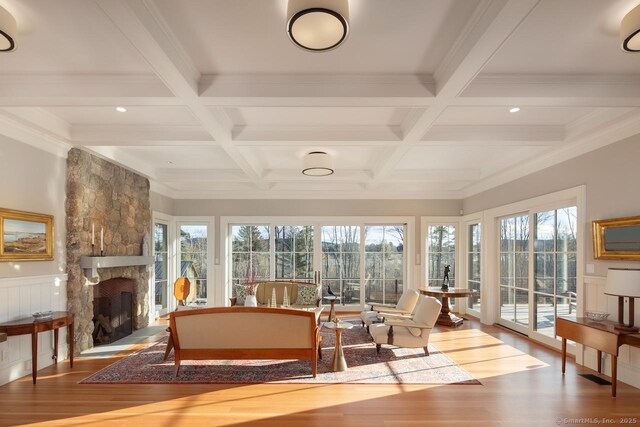145 Taconic Rd, Salisbury, CT 06068 - sunroom featuring coffered ceiling, beamed ceiling, and healthy amount of natural light