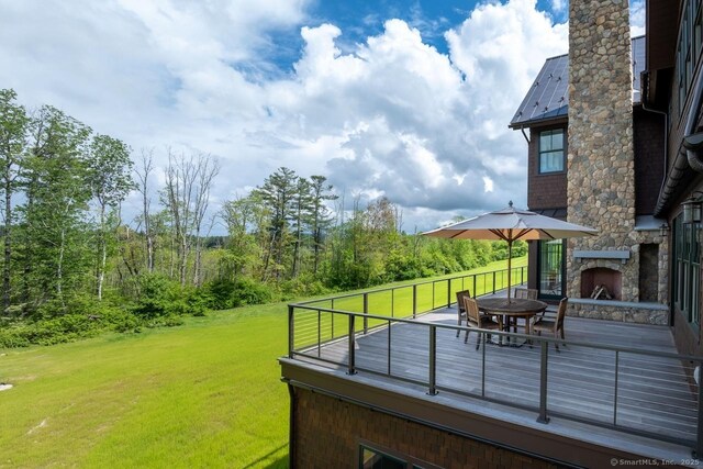 145 Taconic Rd, Salisbury, CT 06068 - view of green lawn featuring an outdoor stone fireplace and a wooden deck