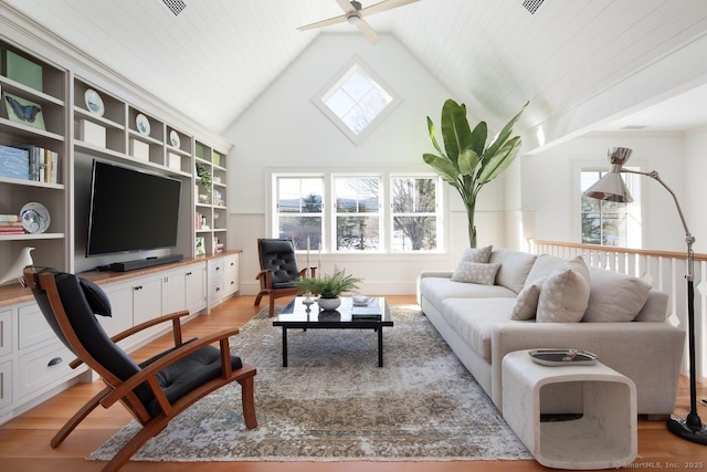 145 Taconic Rd, Salisbury, CT 06068 - living room with light wood-style flooring, an office area, ceiling fan, and high vaulted ceiling