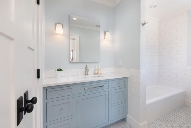 145 Taconic Rd, Salisbury, CT 06068 - bathroom with vanity, shower / tub combination, tile patterned floors, ornamental molding, and recessed lighting