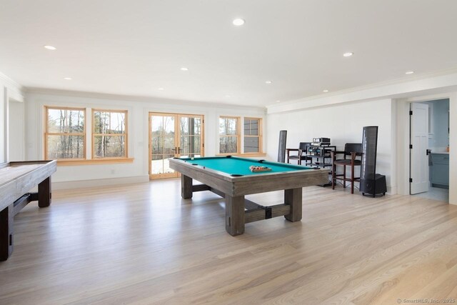 145 Taconic Rd, Salisbury, CT 06068 - game room featuring ornamental molding, pool table, plenty of natural light, light wood-type flooring, and recessed lighting