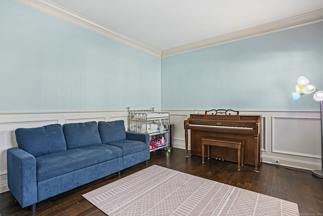 living room featuring crown molding and dark wood-type flooring