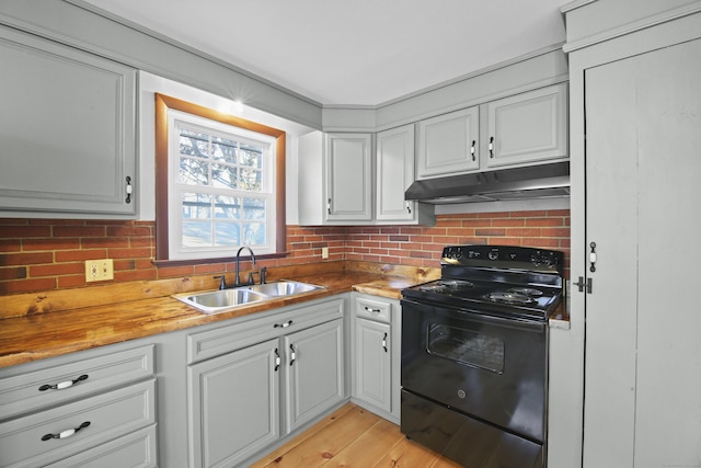 kitchen featuring decorative backsplash, black electric range, light wood-type flooring, and sink