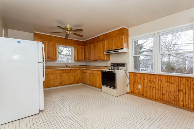 kitchen featuring ceiling fan, wooden walls, white appliances, and sink