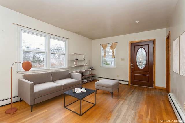 living room with light hardwood / wood-style floors and a baseboard radiator