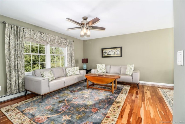 living room featuring hardwood / wood-style flooring and ceiling fan