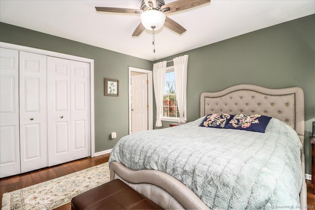 bedroom featuring ceiling fan, a closet, and hardwood / wood-style flooring