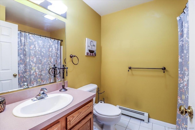 bathroom featuring tile patterned flooring, vanity, toilet, and a baseboard heating unit