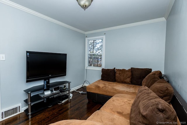 living room featuring ornamental molding and dark wood-type flooring