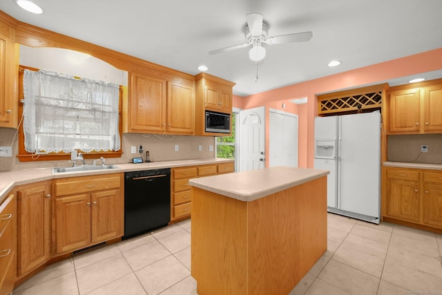 kitchen with built in microwave, sink, dishwasher, a kitchen island, and white fridge with ice dispenser