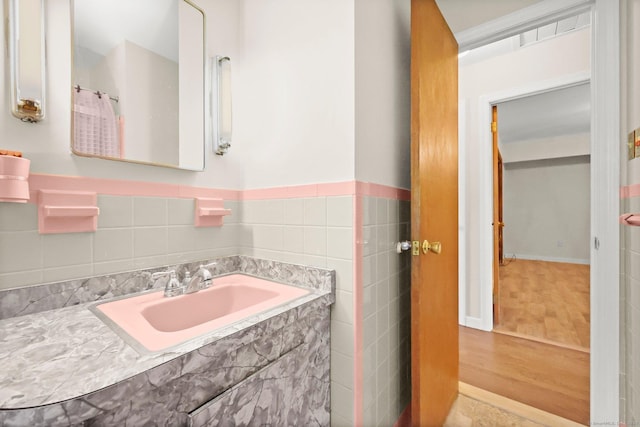 bathroom with hardwood / wood-style floors and vanity