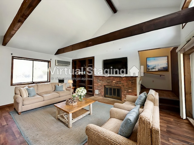 living room featuring a brick fireplace, lofted ceiling with beams, dark wood-type flooring, and a wall mounted AC