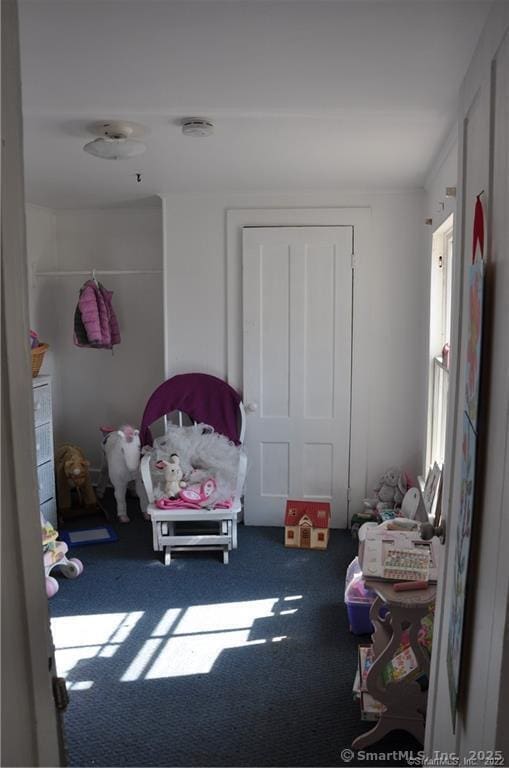 bedroom featuring dark carpet