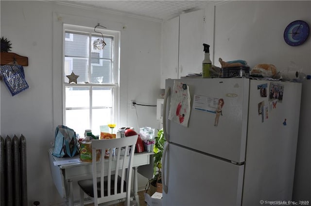 kitchen with white fridge, radiator, and a wealth of natural light